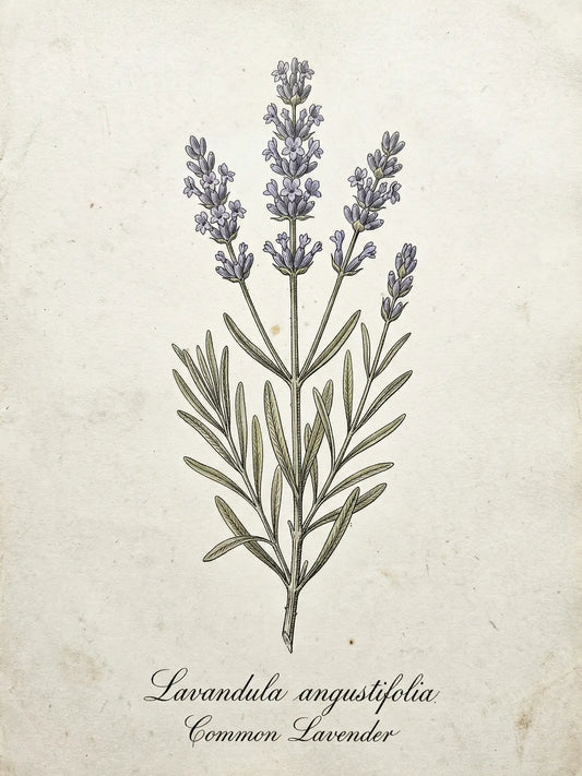 Vintage botanical illustration of Lavandula angustifolia Common Lavender with fine ink linework on aged parchment background — fine art print by SnappyTack