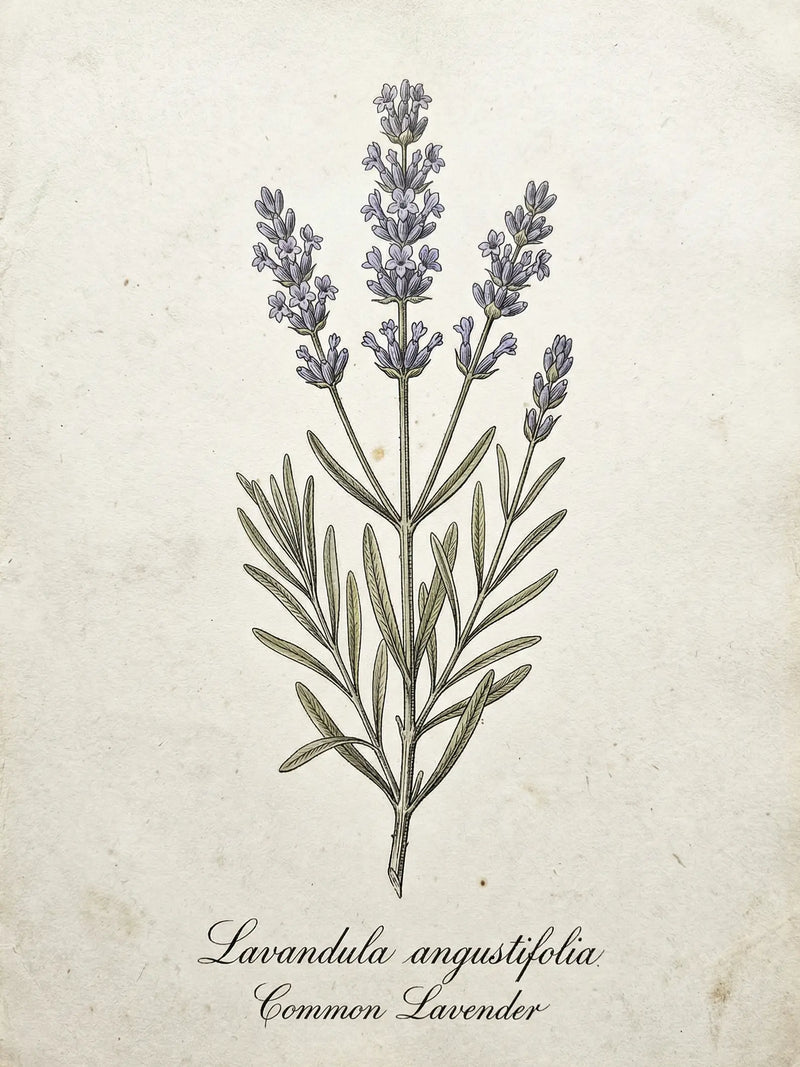 Vintage botanical illustration of Lavandula angustifolia Common Lavender with fine ink linework on aged parchment background — fine art print by SnappyTack