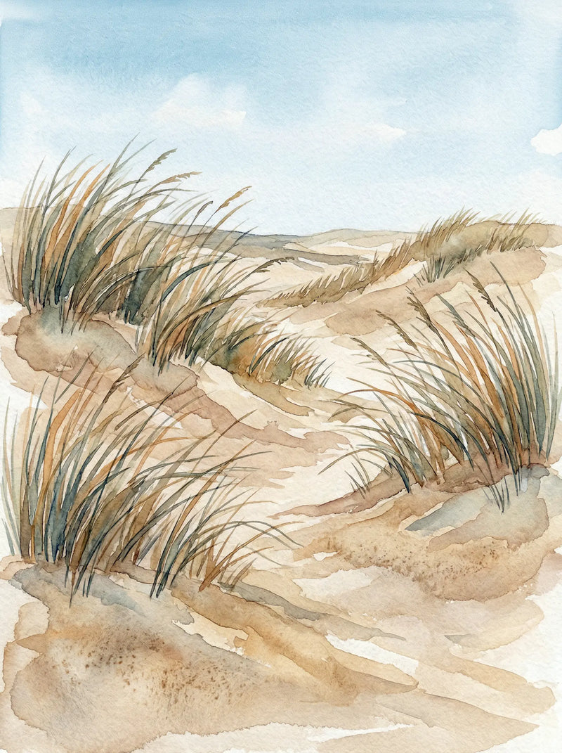 Watercolour painting of a winding sand dune path with windswept marram grass and pale blue sky — fine art print by SnappyTack