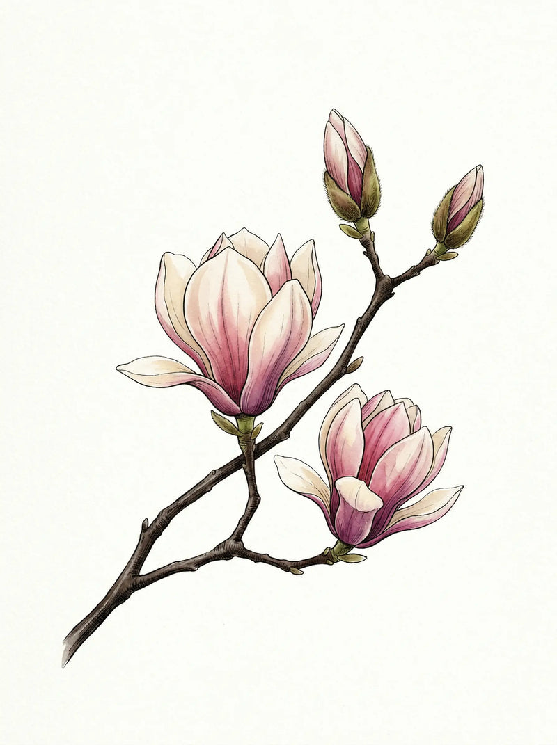 Botanical illustration of a magnolia branch with two open pink flowers and closed buds in fine ink linework on white ground — fine art print by SnappyTack