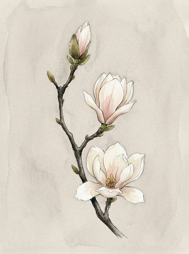Botanical illustration of magnolia branch with cream flowers and closed bud against a warm stone grey wash — fine art print by SnappyTack