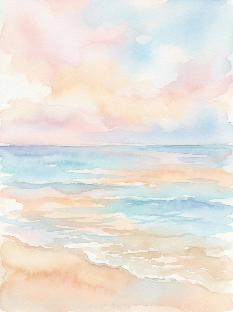 Soft watercolour of a calm shoreline with pastel pink and peach clouds, clear teal water and warm sandy beach — fine art print by SnappyTack