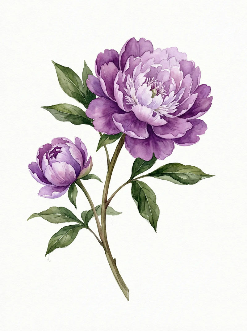 Watercolour painting of a full purple peony in bloom with bud and green leaves on white ground — fine art print by SnappyTack