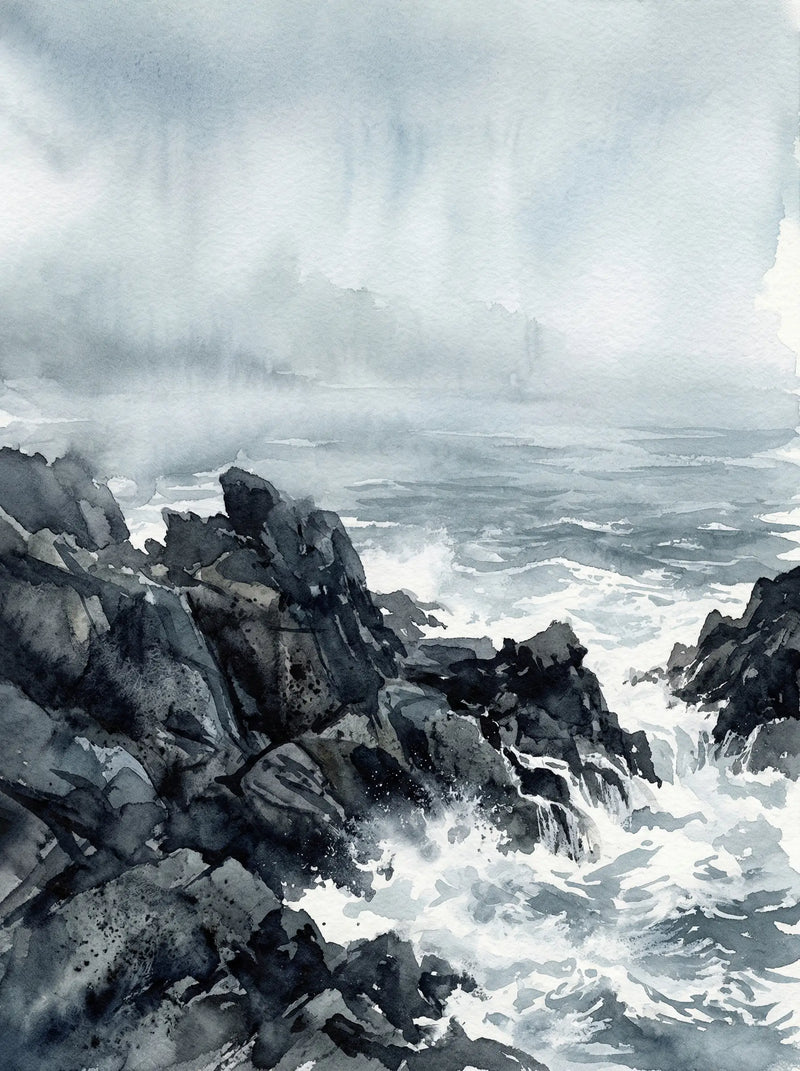 Dramatic watercolour of stormy waves crashing against dark coastal rocks beneath a grey misty sky — fine art print by SnappyTack