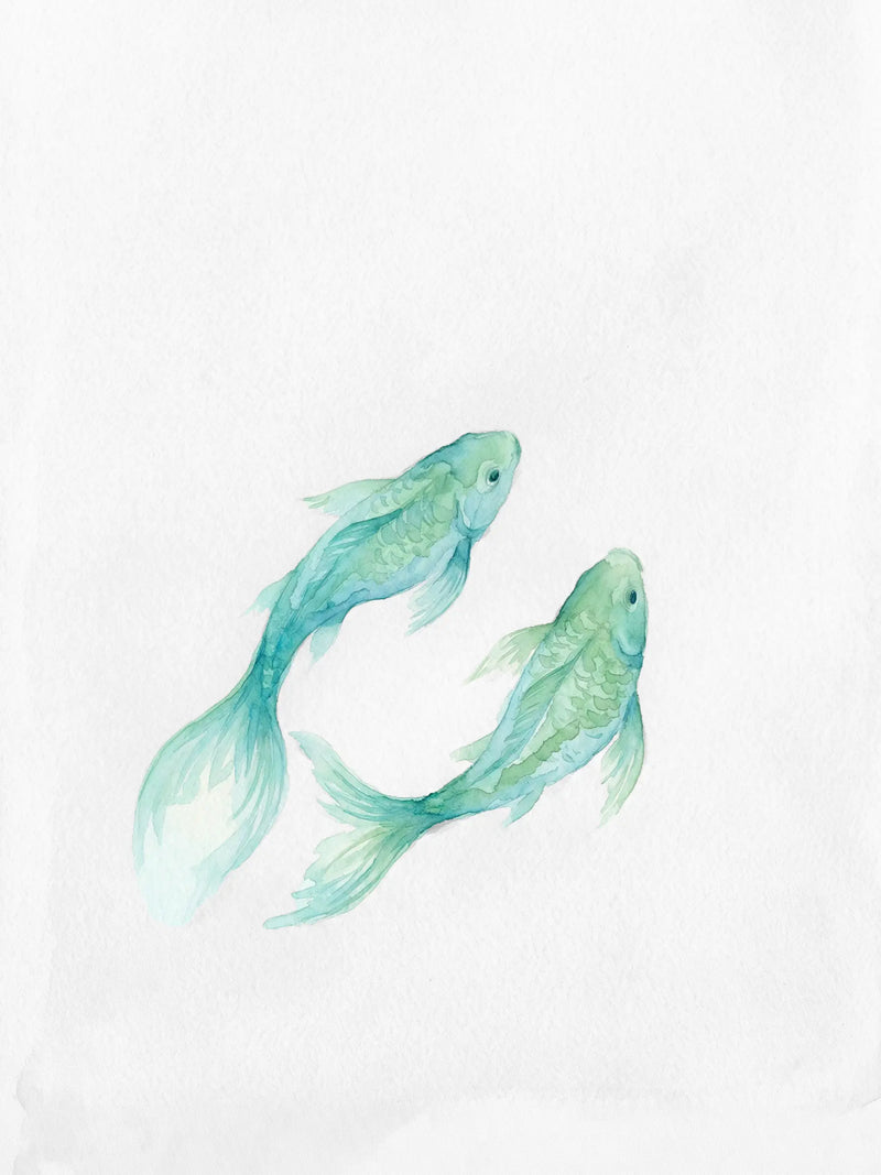 Delicate watercolour painting of two teal and sage green fish swimming together on a white ground — fine art print by SnappyTack