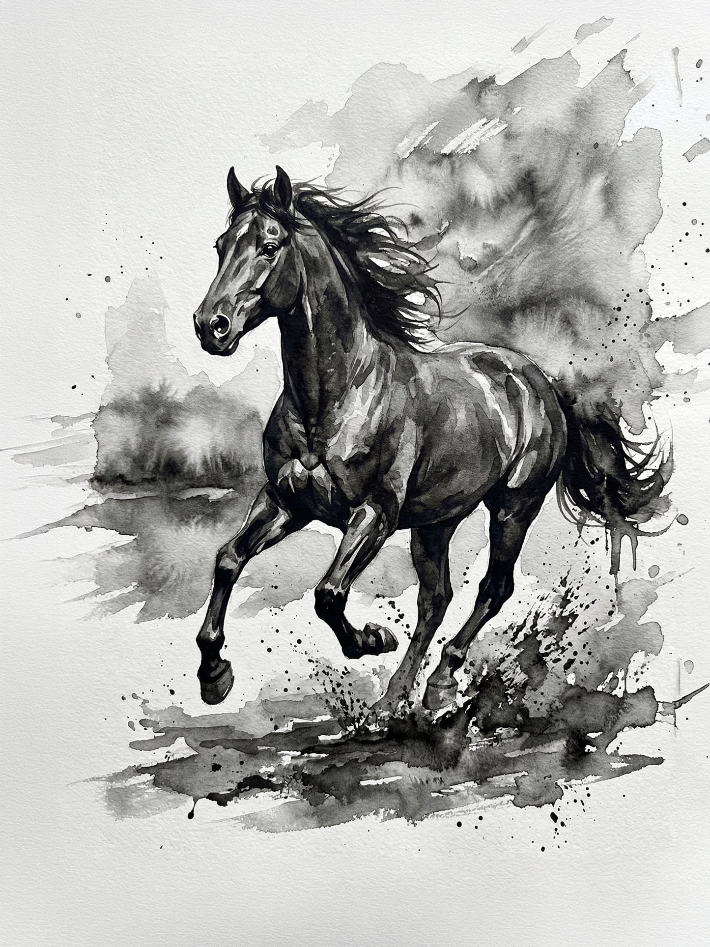 Dramatic ink wash painting of a wild horse galloping with flowing mane, expressive charcoal washes and ink splatter on white paper — fine art print by SnappyTack