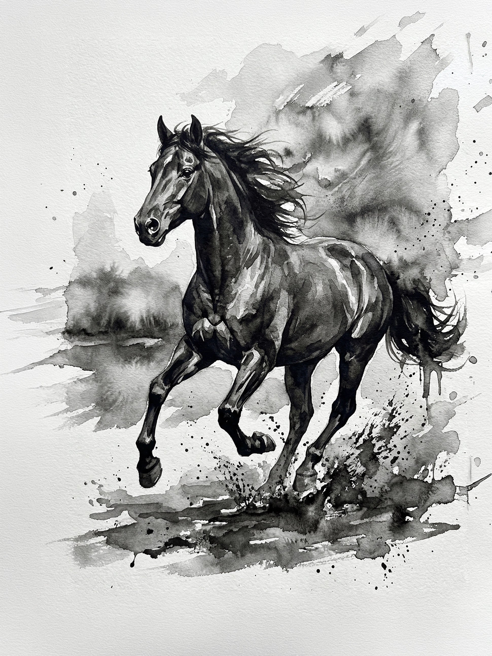 Dramatic ink wash painting of a wild horse galloping with flowing mane, expressive charcoal washes and ink splatter on white paper — fine art print by SnappyTack