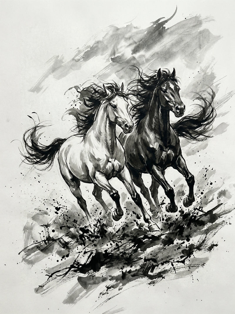 Two horses galloping side by side, pale and dark, flowing manes, expressive ink splash equine wall art print UK