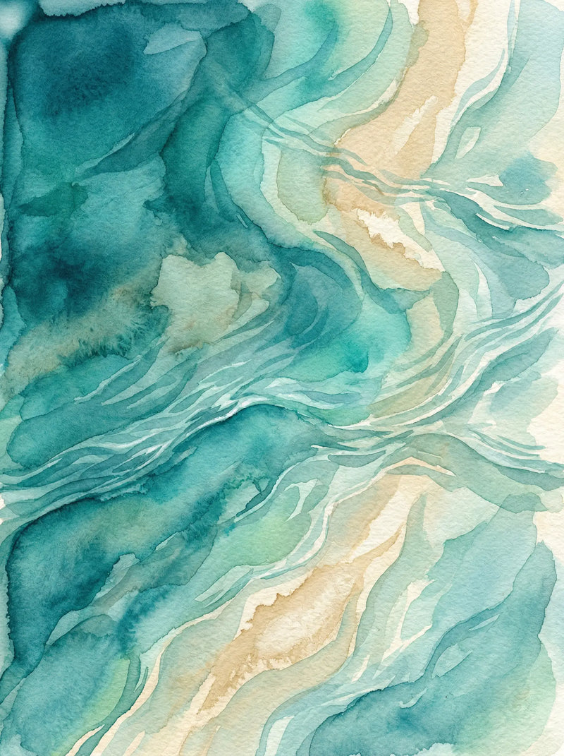 Abstract aerial watercolour painting of teal ocean waves and sandy coastal channels — fine art print by SnappyTack