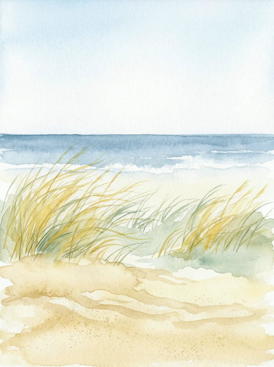 Watercolour painting of coastal sand dunes with golden marram grass and soft blue ocean — fine art print by SnappyTack