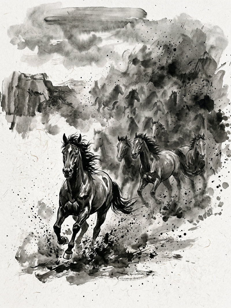 Dark wild horse galloping through swirling ink cloud and splatters, fierce and dramatic, expressive equine wall art print UK