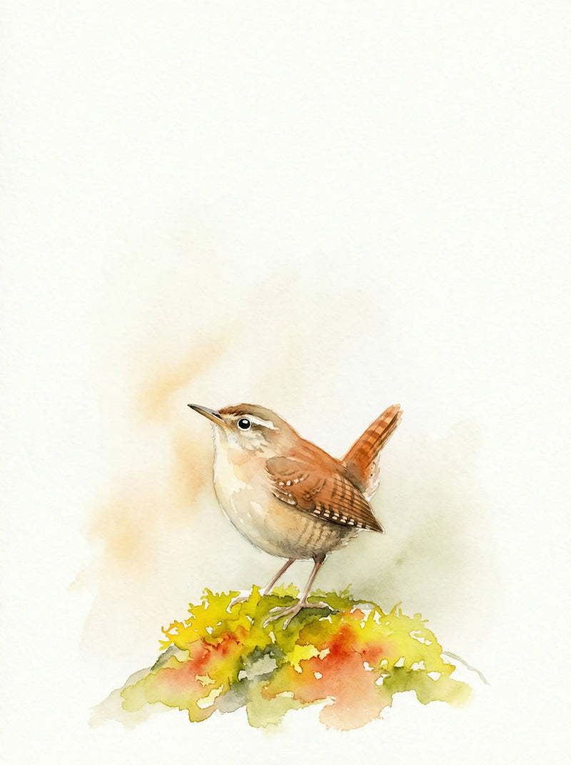 British wren bird perched on autumn wildflowers, warm watercolour tones, wildlife wall art print UK