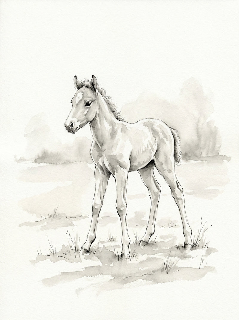 Young foal standing on open ground, soft pencil and watercolour washes, pale grey tones, gentle equine wall art print UK